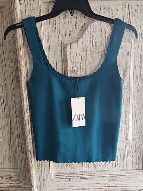 NWT ZARA Teal Ribbed Scoop Neck Crop Tank - Size L
